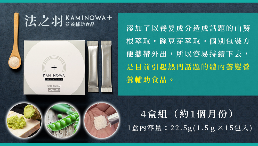 法之羽KAMINOWA 添加了以養髮成分造成話題的山葵根萃取・碗豆芽萃取。個別包裝方便攜帶外出，所以容易持續下去，是目前引起熱門話題的體內養髮營養輔助食品。